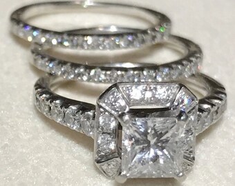 Weißgold 14k Finish / Princess & Round Cut Weißer Diamant / Moissanite 3-teilige Ringsets Damen Verlobung Hochzeit Brautsets 925 Silber