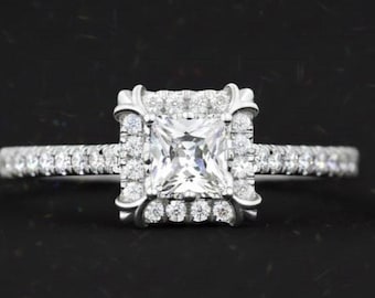 Women's 14k Gold Finish princess Diamond/ Moissanite Bridal Halo Engagement Wedding Ring 925 Sterling Silver, Perfect Christmas gift for her