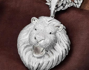 Ciondolo con testa di Re Leone ghiacciata, ciondolo da uomo, oro 14 carati su argento 925, collana personalizzata con diamanti e moissanite, stile rapper hip hop.