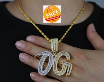 Customize Baguette Duo Color Iced out Letter Diamond Pendant For Men, Hip Hop 14K Gold Plated 925 Sterling Silver"Original Gangster"Pendant