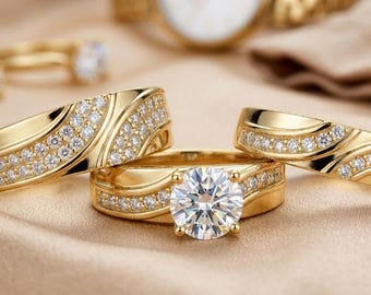 Couple's Engagement Wedding Trio Rings For Men And Women 14K Yellow Gold Finish Wedding Rings His & Her Rings Design Diamond Bridal Ring Set