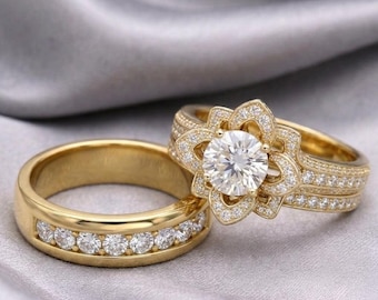 Couple's Engagement Wedding Trio Rings For Men And Women 14K Yellow Gold Finish Lotus His & Her Rings Design Diamond Bridal Ring Set