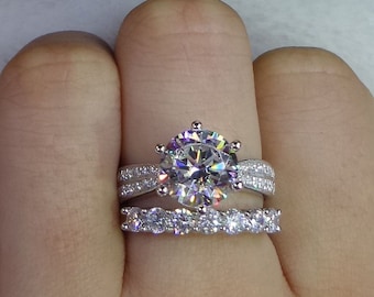 Brilliant Rundschliff Diamant Solitär Verlobungsring für Frauen, Weißgold Finish Fancy Hochzeit Brautring Set, Silber Moissanite Ring