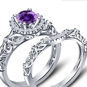 Birthstone Ring 925 Sterling Silver Finish Purple Gemstone Amethyst wedding engagement ring Set, Anniversary Special  Gift, Christmas Gift