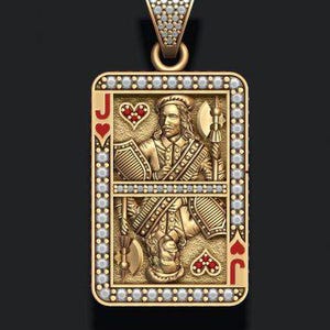 Colgante de jota de corazón bañado en oro amarillo de 14 k en plata, colgante de póquer con cartas de casino King, colgante de moissanita con cartas de juego para hombre