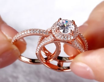 925 Silver Solitaire Promise Ring/ Round Cut Engagement Wrap Ring Set/ 14k Rose Gold Finish Bridal  Ring Set/ Moissanite Wedding Ring Set 7