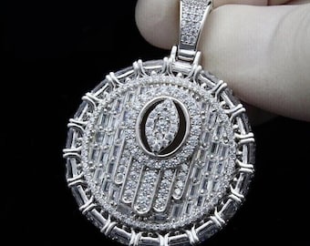 Moissanite Diamond 2.5 Ct Round Baguette Brilliant Cut Hamas Hand Evil Eye Pendant, 14K White Gold Over Silver, Men's Necklace