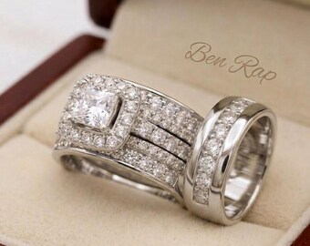 Couple's Engagement Wedding Trio Rings For Men And Women 14K White Gold Finish Wedding Rings His & Her Rings Design Diamond Bridal Ring Set