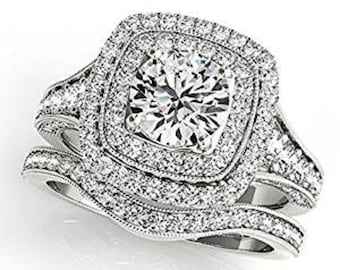 Rundschliff Diamant / Moissanit Ring Set, 925 Sterlingsilber Ring Weißgold überzogene Verlobungsring Set, ausgefallener Hochzeitsring für Frauen