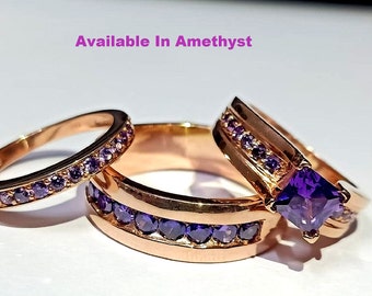 Verlobungs-/Hochzeits-Trio-Ring-Set mit Amethyst im Prinzessinnenschliff für Männer und Frauen/Roségold über Silber, das neueste Paar-Ring-Set mit passendem Band