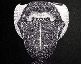 Iced Licked of Death Ring, Big Hip Hop Ring, Schwarz-Weiß-Diamant kundenspezifischer Zungenring, vergoldeter Hip-Hop-Ring, Rapper Schmuck