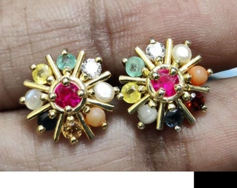 Religious Astrology Spiritual Lucky Charm Earring, HOLI Precious Nine Planet Gemstones Studded Earring, 925 Sterling Silver Navratna Earring