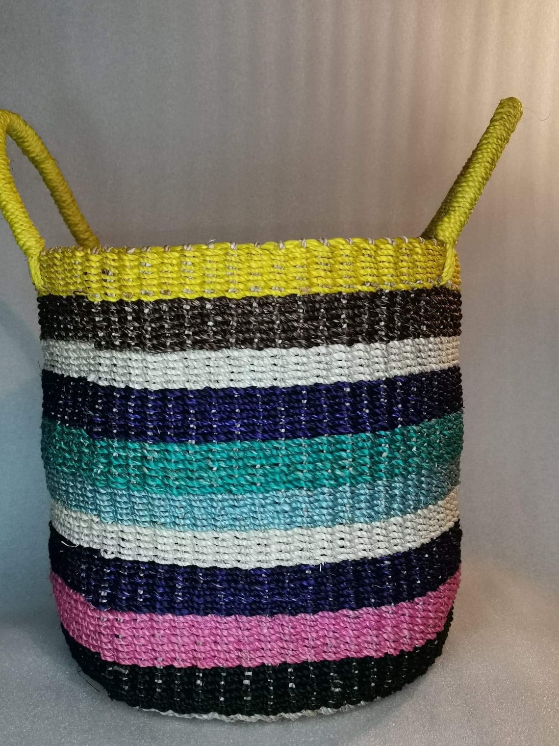 Multicoloured striped abaca basket | Etsy