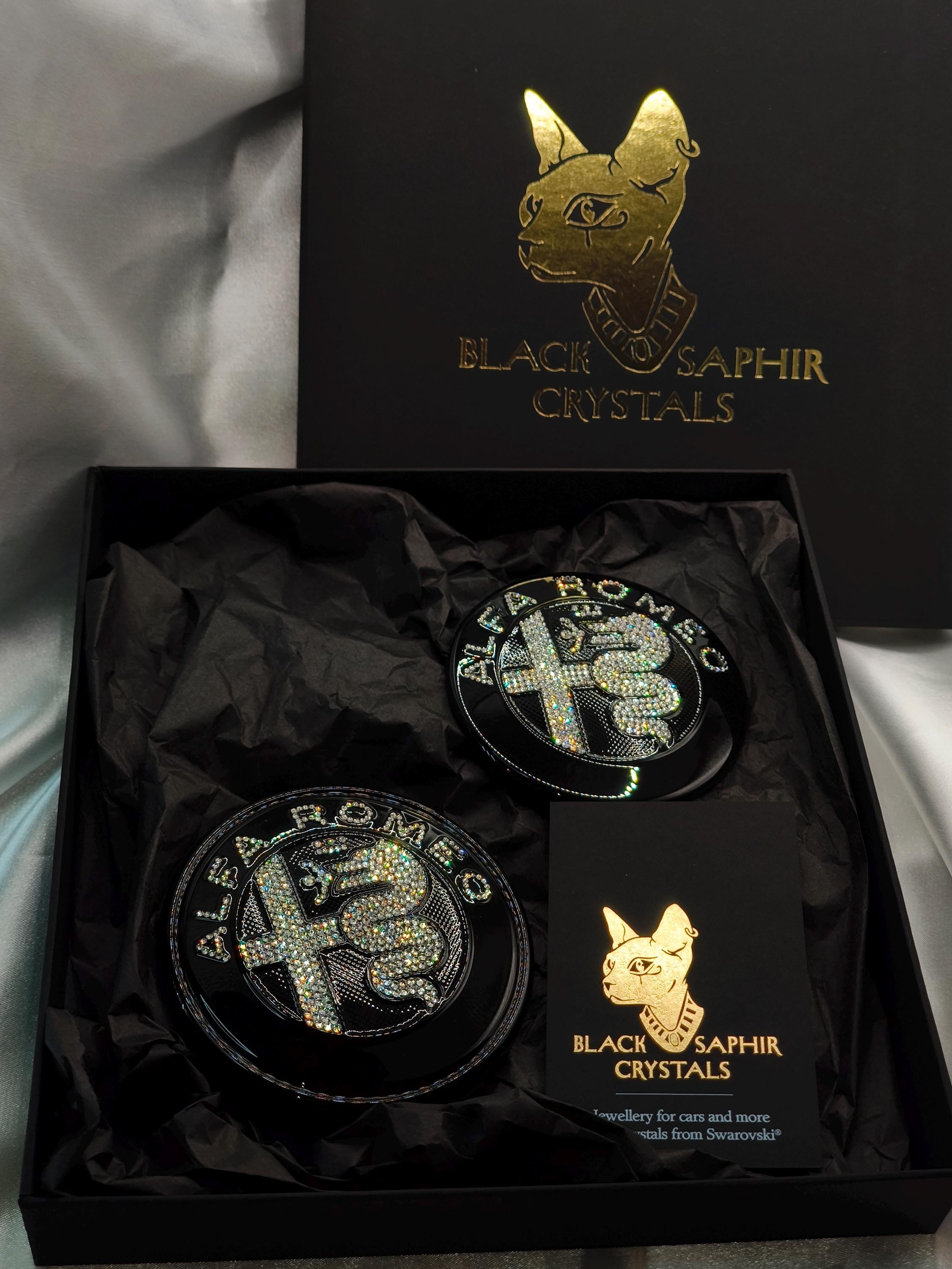 Original OEM Alfa Romeo | Badge Logo blacck Emblem Set Front+Rear | refined with Preciosa crystals | Giulia Stelvio Giulietta Tonale
