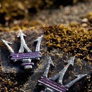 May include: Two silver trident brooches, each adorned with tiny, sparkling stones. A band of purple stones is set across the centre of each trident. The brooches are presented on a clear surface against a blurred, mossy backdrop.