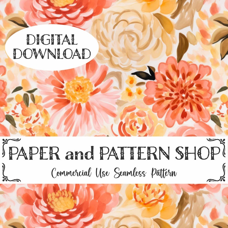 May include: A seamless digital download pattern featuring a watercolour floral design with pink, orange, and yellow flowers on a white background. The text "PAPER and PATTERN SHOP" and "Commercial Use Seamless Pattern" is displayed on the image.