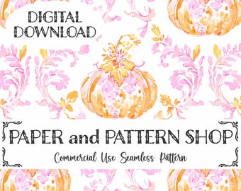 Grandmillennial Pumpkins seamless, Preppy Floral Pumpkins Seamless, Grandmillennial Fall Pumpkins seamless, Watercolor Halloween seamless