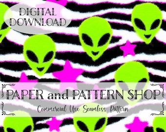 Neon Alien Stars Zebra Seamless Pattern, Y2K Sticker Aesthetic seamless file, Alternate Edgy Mall Culture 2000s Trendy Graphics