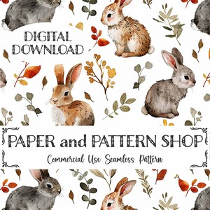 May include: A seamless pattern featuring watercolour illustrations of brown and grey rabbits and green leaves on a white background. The text "DIGITAL DOWNLOAD" and "PAPER and PATTERN SHOP" is included in the design.  Commercial Use Seamless Pattern.