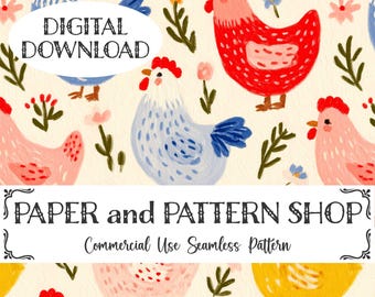Farm Life Cute Chickens Seamless Pattern, Cottagecore Garden seamless, Chicken seamless, Preppy Grandma Core seamless,Trendy Floral seamless
