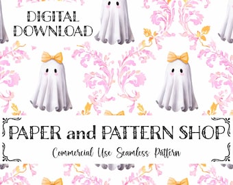Grandmillennial Coquette Ghost seamless, Preppy Floral Ghosts Seamless, Grandmillennial Halloween Ghost seamless, Bow Ghost seamless PNG