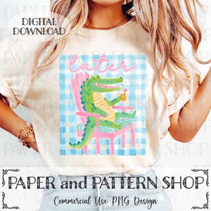 Later Gator PNG, Preppy Souther Gator Png, Coastal Summer PNG, Coquette Gingham Png, Trendy Summer png, Watercolor Crocodile PNG, image 2