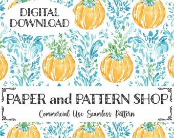 Grandmillennial Pumpkins seamless, Preppy Floral Pumpkins Seamless, Grandmillennial Fall Pumpkins seamless, Watercolor Halloween seamless