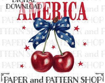 America Cherries PNG, Cherry Bow Png, Patriotic Cherries PNG, Coquette USA Ppng, Coquette Cherries png, Trendy July 4th png, Red White Blue