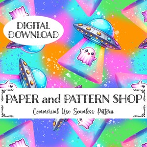 May include: A seamless pattern featuring a colorful, psychedelic background with flying saucers and ghosts. The pattern is perfect for use in digital and printed projects.