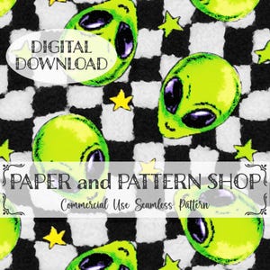 May include: A seamless digital pattern featuring bright lime green alien heads with large dark purple eyes scattered across a black and white checkered background, accented with small yellow stars and text reading DIGITAL DOWNLOAD PAPER and PATTERN SHOP.