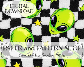 Neon Alien Stars Checker Seamless Pattern, Y2K Sticker Aesthetic seamless file, Alternate Edgy Mall Culture 2000s Trendy Graphics