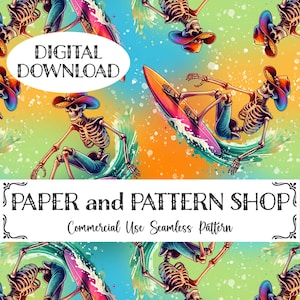 Op de afbeelding: Een naadloos patroon met skeletten die cowboyhoeden dragen en surfen op kleurrijke golven. De achtergrond is een levendige mix van blauw, groen, geel en oranje met witte stippen. De tekst "DIGITAL DOWNLOAD" en "PAPER and PATTERN SHOP" is zichtbaar in de afbeelding.  "Commercial Use Seamless Pattern" is ook opgenomen in het ontwerp.