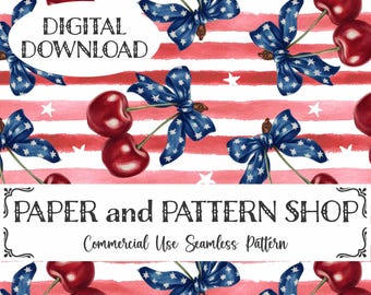 Amerikanska körsbär sömlös fil, körsbärsrosett sömlös, trendig 4 juli sömlös, röd vit blå USA sömlös, USA flagga PNG, patriotiska körsbär