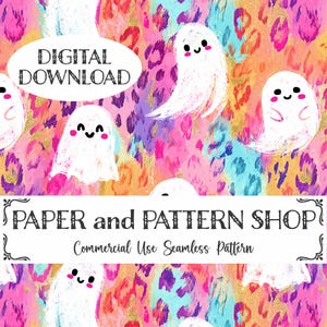 May include: A seamless pattern featuring cute white ghosts with smiling faces on a colorful background with pink, blue, purple, and orange hues. The background also has a leopard print pattern with gold glitter accents. The text "DIGITAL DOWNLOAD" and "PAPER and PATTERN SHOP" is visible in the image.  Commercial Use Seamless Pattern.