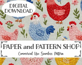 Faux Embroidery Farm Life Chickens Seamless Pattern, Cottagecore Garden seamless, Easter Hen seamless, Preppy Grandma Core seamless