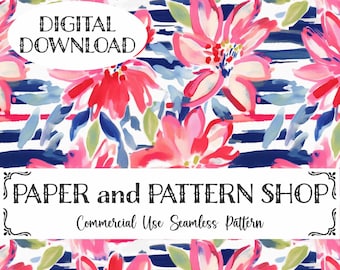 Patrón floral sin costuras de acuarela patriótica, archivo floral azul blanco rojo sin costuras, floral preppy sin costuras, floral del 4 de julio sin costuras