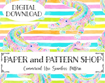 Preppy Summer Gator Seamless Pattern, Later Gator Trendy Preppy Rainbow Seamless, Everyday Southern Gator Coastal, Watercolor Beach Bay PNG