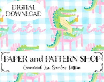 Preppy Summer Later Gator Seamless Pattern, Everyday Southern Gator Coastal, Watercolor Beach Bay PNG, Trendy Preppy Gingham seamless