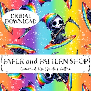 May include: Seamless pattern featuring a cartoon Grim Reaper surfing on a rainbow surfboard against a vibrant rainbow background. The image includes the text "DIGITAL DOWNLOAD" and "PAPER and PATTERN SHOP".