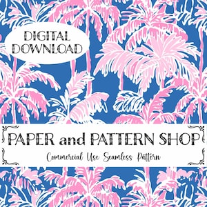 May include: A seamless pattern featuring pink and white palm trees on a blue background. The text "DIGITAL DOWNLOAD" and "PAPER and PATTERN SHOP" is visible in the image. The text "Commercial Use Seamless Pattern" is also visible in the image.