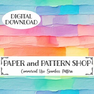 May include: A seamless digital download pattern featuring a colorful abstract design with horizontal stripes in shades of blue, green, yellow, orange, pink, and purple. The text "PAPER and PATTERN SHOP" and "Commercial Use Seamless Pattern" is displayed on the image.