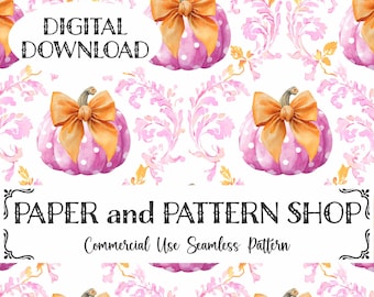 Grandmillennial Coquette Pumpkins seamless, Preppy Floral Pumpkins Seamless, Grandmillennial Fall Pumpkins seamless,Bow Pumpkin seamless PNG