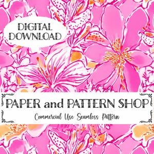 Preppy Summer Lillies Watercolor Seamless Pattern, Preppy Pink Floral seamless file, Summer Coastal Watercolor floral seamless,Pink Hibiscus