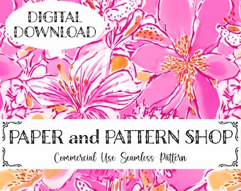 Preppy Summer Lillies Watercolor Seamless Pattern, Preppy Pink Floral seamless file, Summer Coastal Watercolor floral seamless,Pink Hibiscus