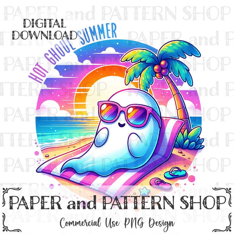 Peut inclure: Un fant&ocirc;me de dessin anim&eacute; portant des lunettes de soleil et une serviette de plage, se relaxant sur une plage avec un palmier et un coucher de soleil en arri&egrave;re-plan. Le texte "Hot Ghoul Summer" est &eacute;crit dans une police color&eacute;e.