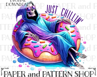 Just Chillin PNG, Funny Grim Reaper PNG, Summerween png, Sassy Skeleton png, Spooky Halloween sublimation design, Summerween seamless