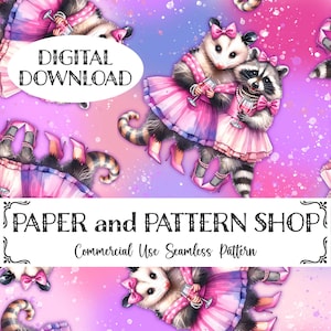 May include: A seamless pattern featuring two cartoon opossums and a raccoon wearing pink dresses and holding glasses of wine. The background is a gradient of pink, purple and blue with white splatters.