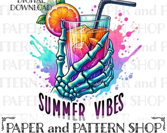 Summer Vibes PNG, pastel Goth tropische drank PNG, Spooky Summer Skeleton PNG-clipart, Summerween png clipart, Spooky Summer-sublimatieontwerp