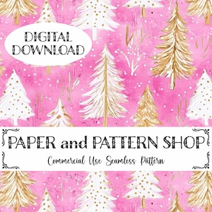 Op de afbeelding: Een naadloos digitaal patroon met witte en gouden kerstboompjes op een roze achtergrond met witte stippen. De tekst "DIGITAL DOWNLOAD" en "PAPER and PATTERN SHOP" is zichtbaar in de afbeelding.  "Commercial Use Seamless Pattern" is ook in de afbeelding opgenomen.
