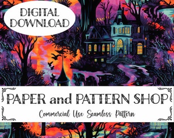 Preppy Haunted House Seamless Pattern, Preppy Halloween seamless file, Creepy Spooky seamless,Watercolor Ghost seamless,Preppy seamless file